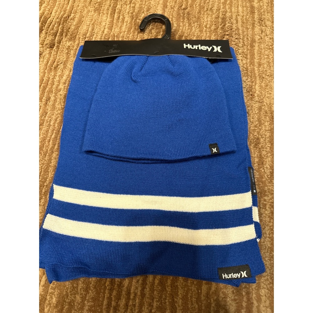 Hurley Beanie and Scarf Set Blue White Striped Knit Winter Hat $25 NWT